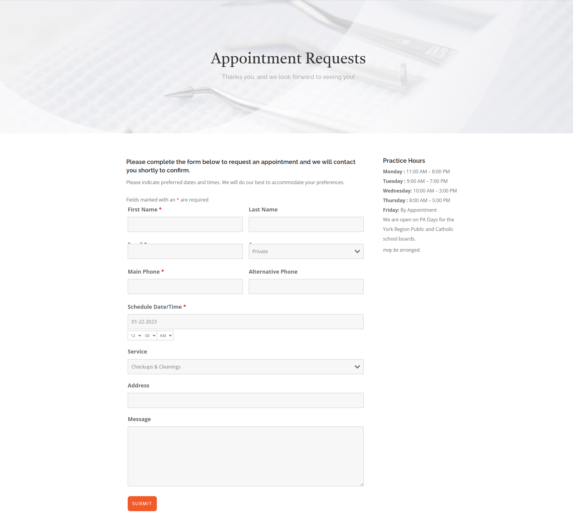 Appointment booking page of a dental office