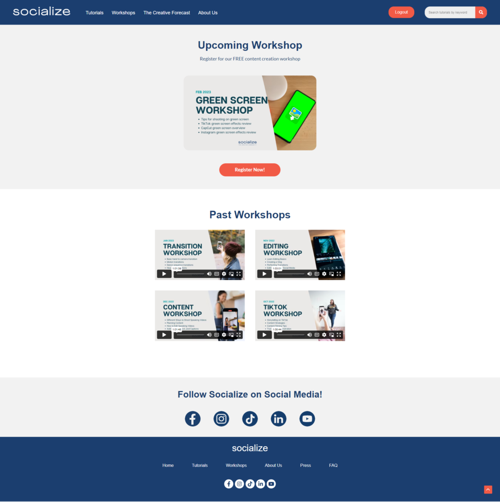 workshops page of hellosocialize.com after members log in 